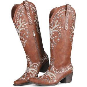 Western Cowboy Boots Cowgirl Chunky Heel Mid Calf Boot Snip Toe Embroide…